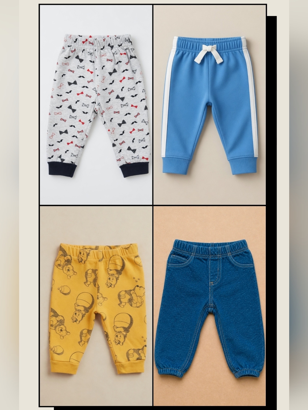 Bundle Of 4 - Bowtie Joggers, Track Pant, Winnie the Pooh, & Faux Denim Pants